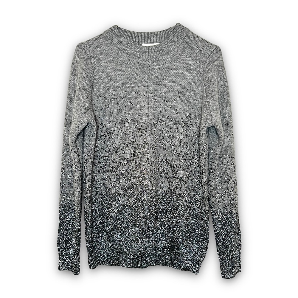 H&M Ombré Glitter Heather Grey‎ Fuzzy Knit Crewneck Pullover Holiday Sweater S